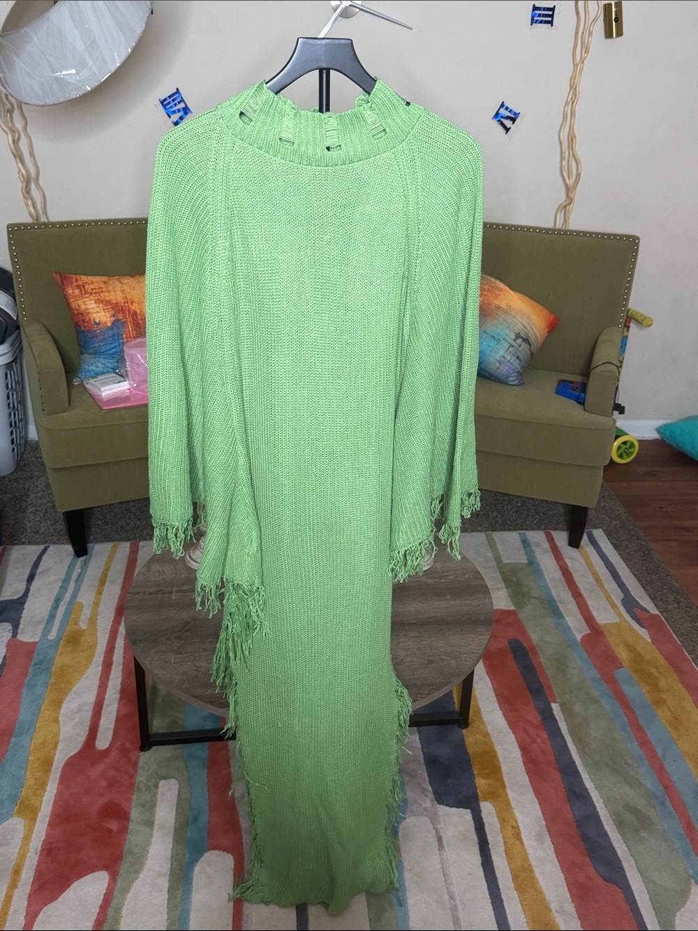 Light Green Knit Fringe Maxi Poncho